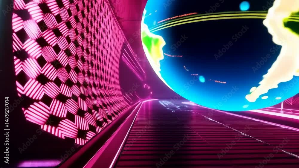 Poster digital earths float in a futuristic corridor illuminated with neon lighting, reflecting on a glossy