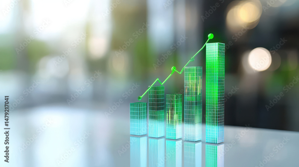 Poster digital representation of upward trending bar graphs showcasing growth and success in business. gree