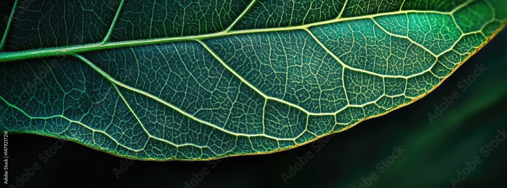 Poster close-up view of a textured green leaf showcasing intricate veins and natural patterns. surrounded b