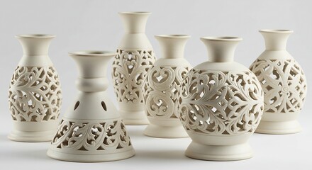 繊細な透かし彫り 白磁器 花瓶セット 柔らかな光を透す 上品な美しさ. AI Generated