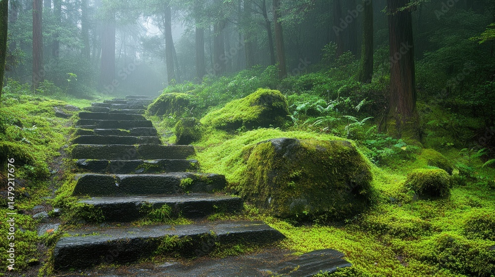 Aufkleber a serene pathway of moss-covered stone steps leading through a lush green forest. surrounded by towe