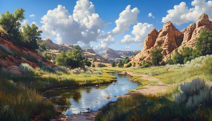 Fototapeta premium Sunny desert landscape with a tranquil creek.