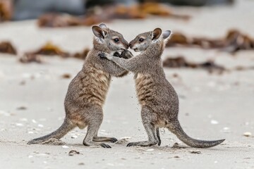 Obraz premium Two wallabies engage in playful combat on the sandy shore during a sunny day, Stunning close up of two wallabies fighting at the beach