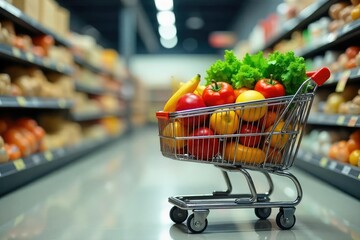 A full shopping cart overflowing with fresh produce, dairy, and pantry staples , pasta, grocery haul