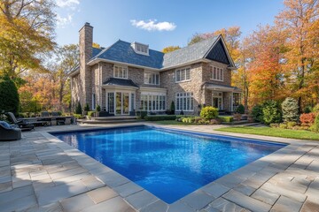 Luxury home backyard featuring a pristine swimming pool surrounded by vibrant autumn foliage, Swimming pool in the backyard of a luxury home exterior