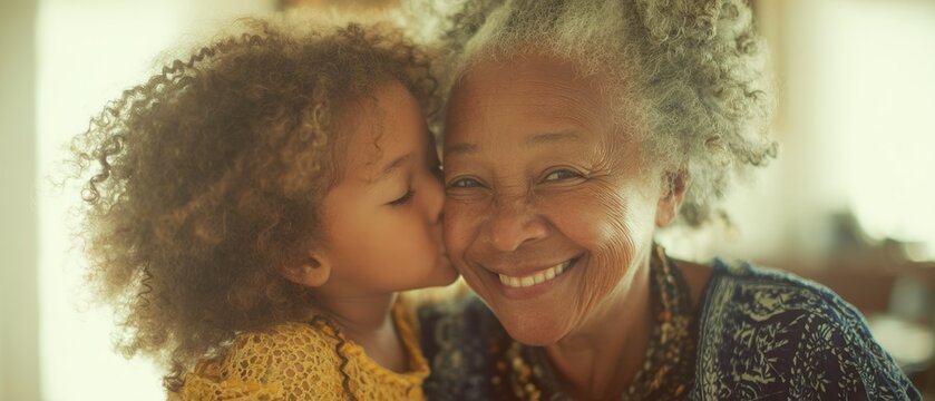 Heartwarming intergenerational kiss a joyful childgrandmother moment