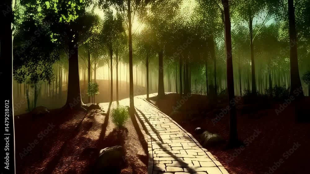 Aufkleber sunlight filters through the trees illuminating a stone path winding through a serene and lush fores