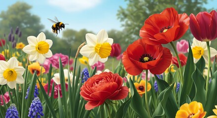 Fototapeta premium Vibrant Spring Meadow: A Bumblebee's Delightful Floral Scene