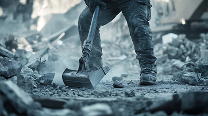 Worker Using Shovel Amidst Rubble