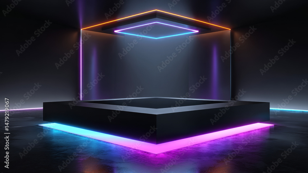 Poster 3d realistic vector black square mock up stage with neon light on dark background.