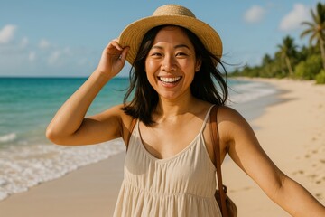 Joyful woman on tropical beach.