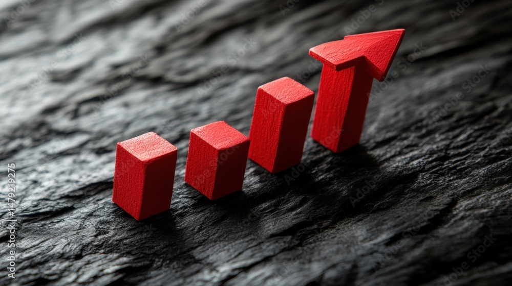 Poster red arrow graph ascending on dark stone background showing growth and progress close up macro shot