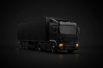 A sleek. black delivery truck parked on a dark background. showcasing its modern design and sturdy build. ideal for transportation and logistics imagery