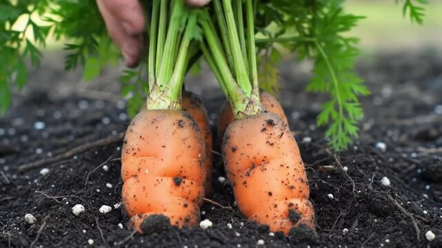 Freshly Harvested Carrots Standing In Rich Soil, Ready For Consumption