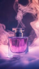 Elegant Perfume Bottle with Mystical Smoke on Dark Background