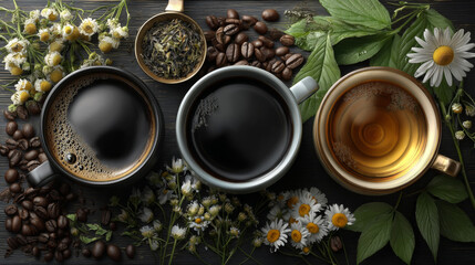 Obraz na płótnie Canvas 3d realistic vector set of coffee, black and green tea white mugs or cups with coffee beans, camomile flower and tea leaves.