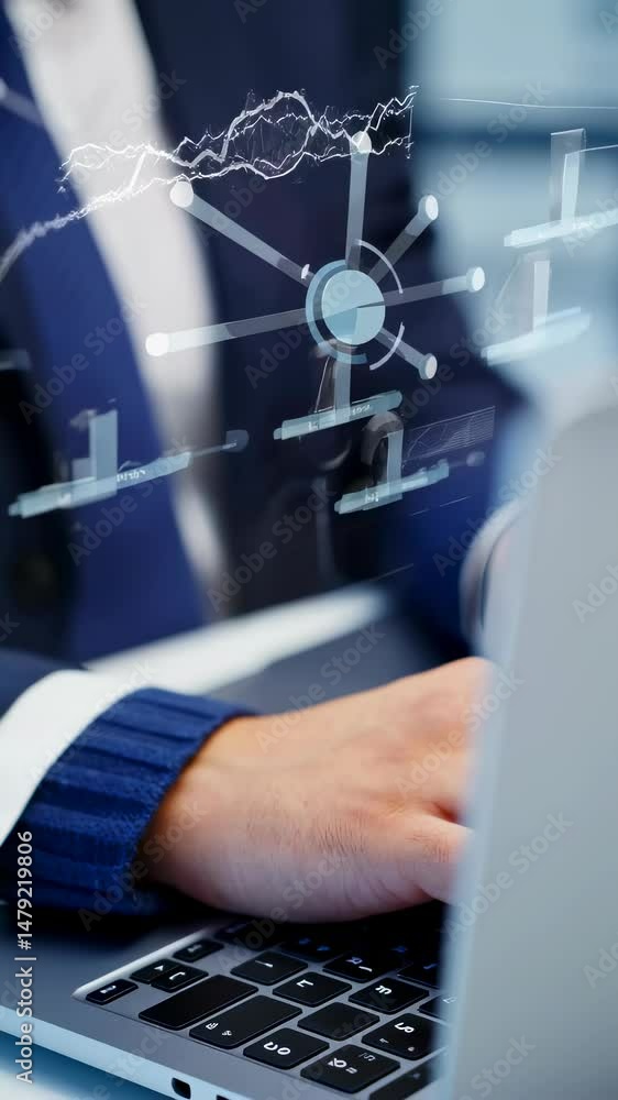 Poster person types on a computer with data charts. display of charts and business details for planning and