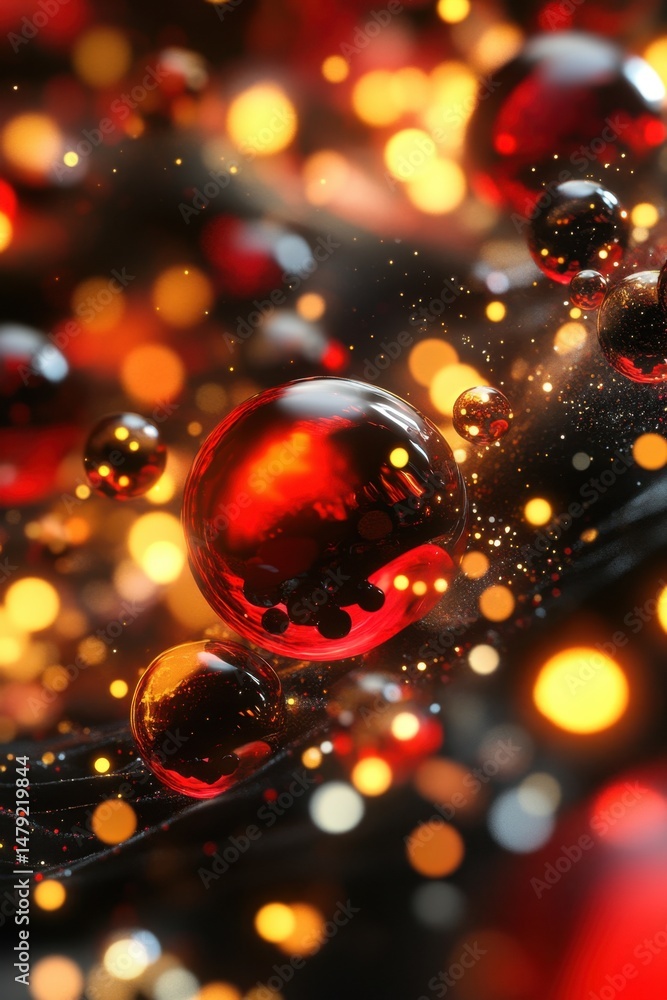 Poster abstract macro photography of red spheres with golden bokeh lights and dark background for artistic 