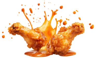 Two chicken wings are dripping with sauce on transparent or white background