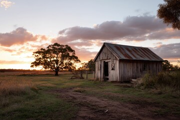 Obraz premium Rustic Wooden Shed at Sunset: Serene Rural Landscape