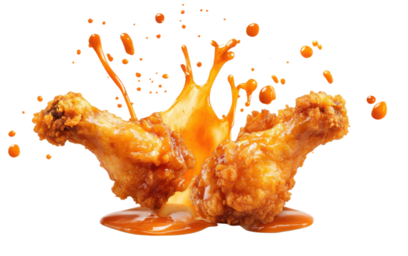 Two chicken wings are dripping with sauce on transparent or white background