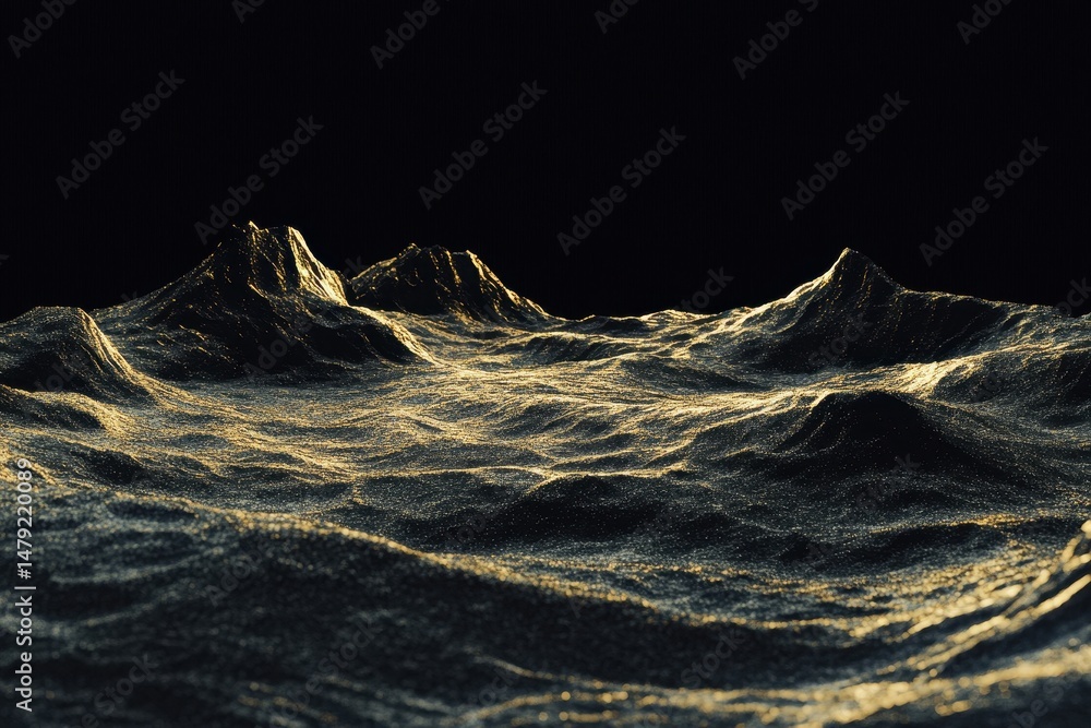 Poster dynamic metaverse landscape shifting through waves on a dark backdrop, moving metaverse landscape on