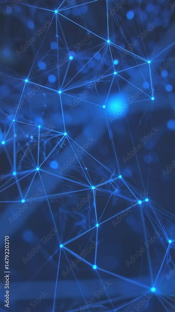 Poster abstract network connecting glowing dots in blue space. light beams and geometric web, modern backgr