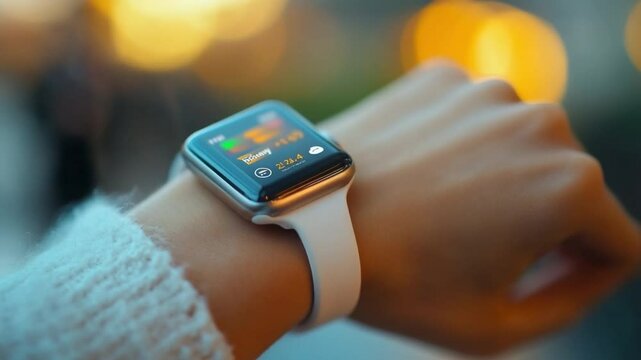 Wrist-Mounted Technology: A person's wrist showcases a sleek and modern smartwatch, highlighting its sophisticated design and user-friendly interface amidst a soft, bokeh-filled background.