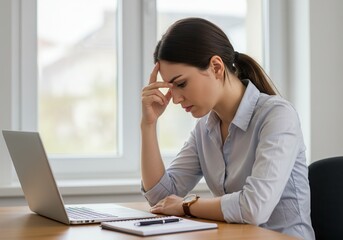 Stressed woman sitting at desk with laptop and notebook holding her head with a concerned expression