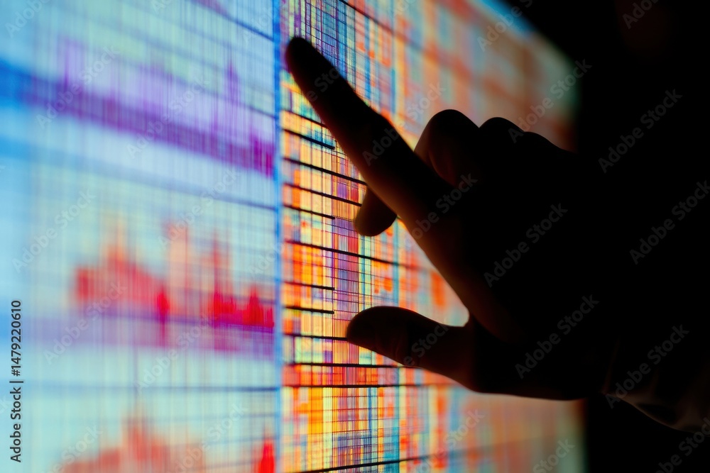 Poster monitoring data trends on a computer screen in a dark environment late at night, person monitors the