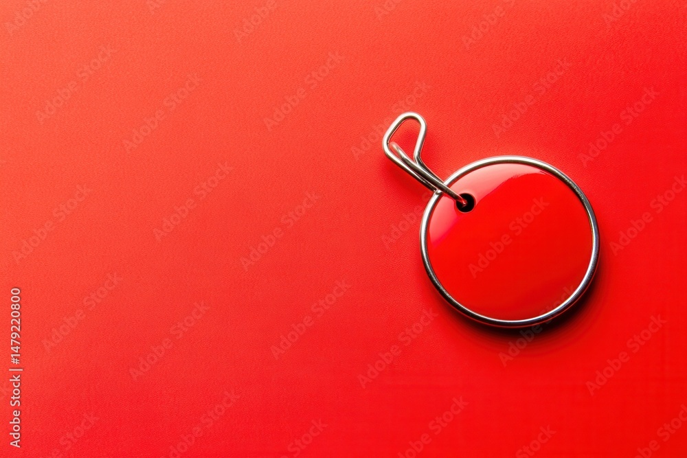 Poster minimalist studio shot of a shiny red price tag on a red background with copy space for text and des