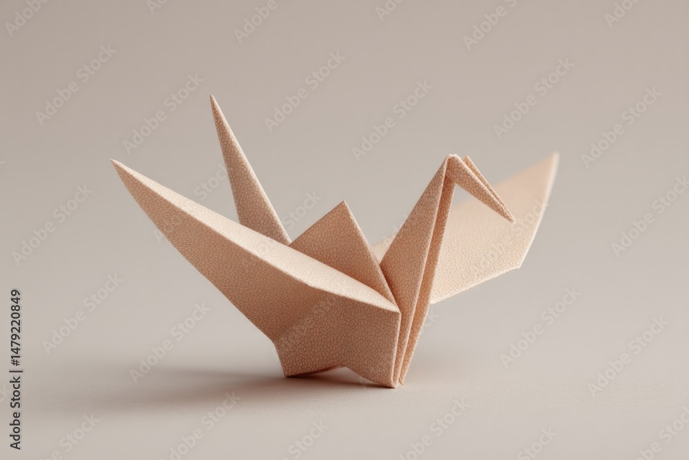 Poster single paper crane in tranquil setting with ample copy space for text or design reflecting minimalis