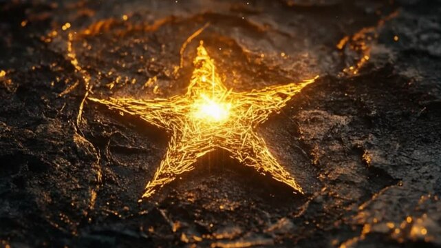Glowing golden star symbol etched into a textured dark surface, radiating light in a mystical setting