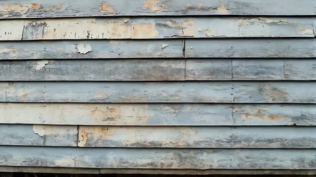 Old weathered blue wooden siding with peeling paint and a small window gives a rustic decaying abstract texture.