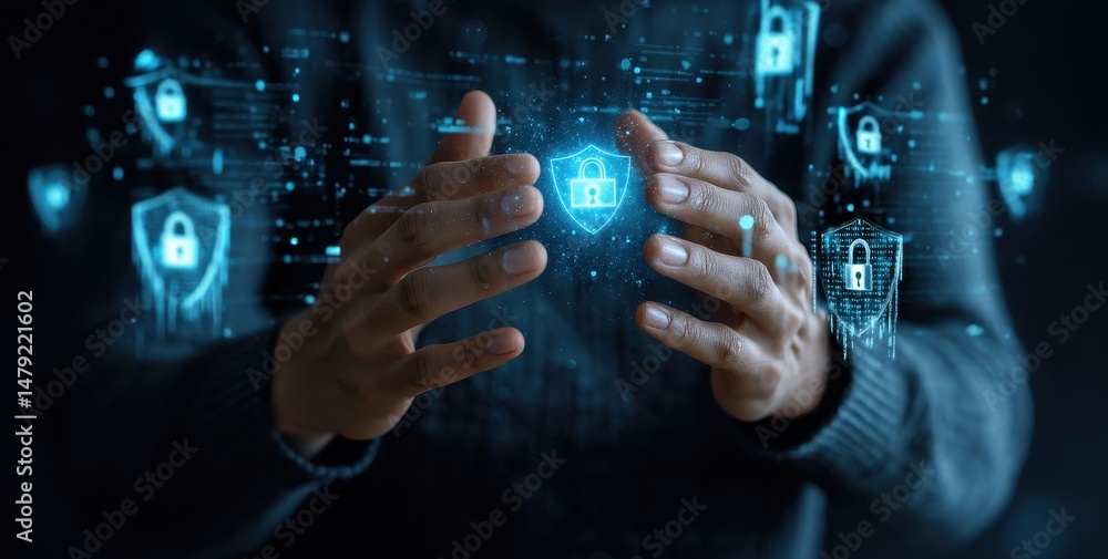Poster digital hands manipulating security symbols in the dark.