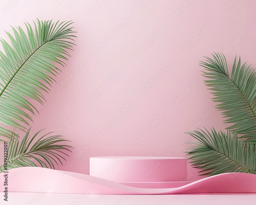 Poster a serene pink backdrop featuring a smooth circular platform surrounded by lush green palm leaves. cr