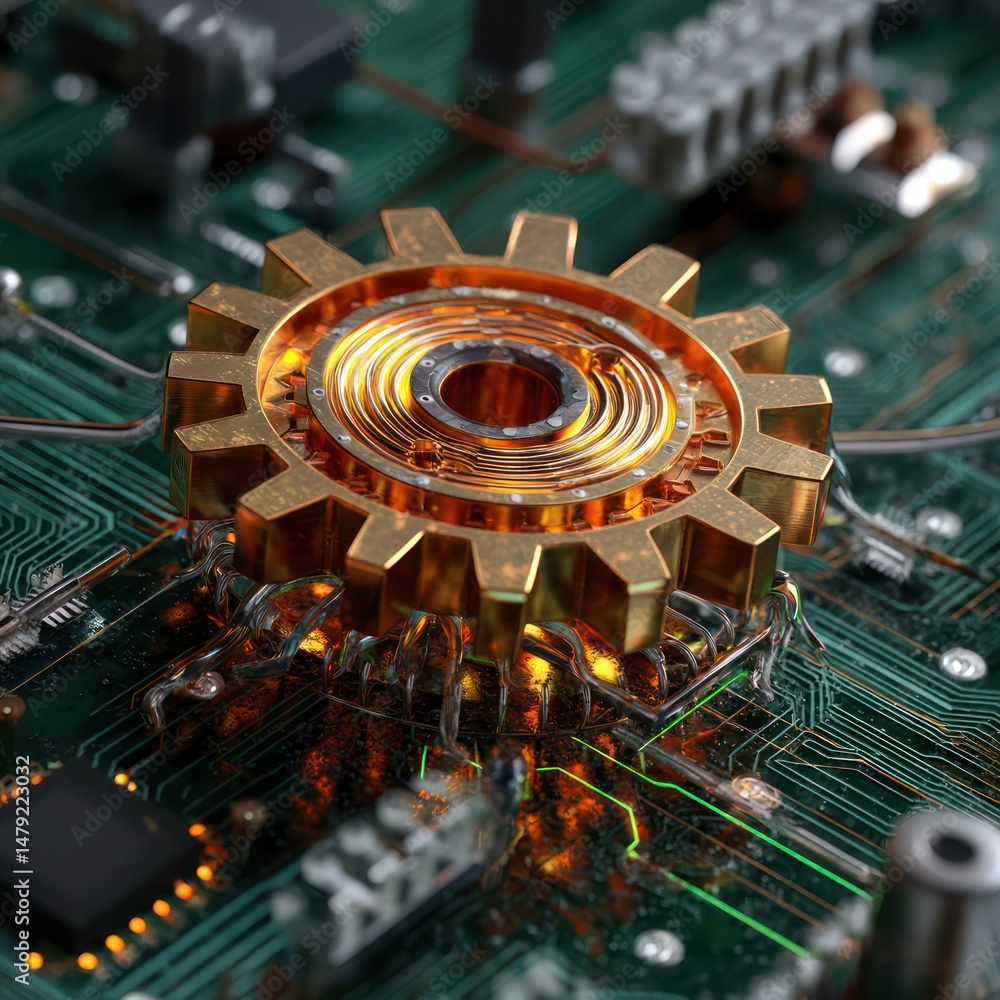 Poster digital engineer concept illustrating a gear mechanism on a circuit board for advanced technology.