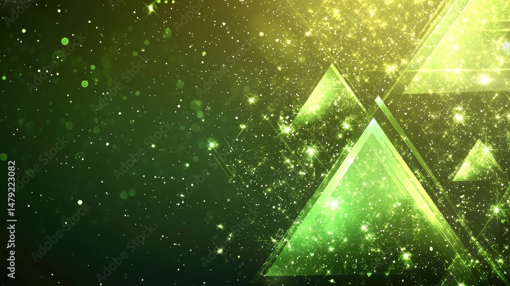 Poster abstract green background featuring sparkling light effects and geometric triangular shapes. creatin
