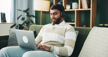Headphones, typing and man with laptop for remote work, audio and copywriter editing ad campaign in...