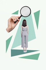 Banner vertical photo trend image collage of excited girl magnifier glass investigating employment...