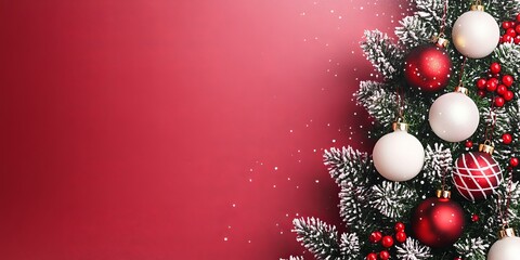 Close.up.image.of.a.snow.covered.Christmas.tree, red.and.white.decorations, festive.red.background