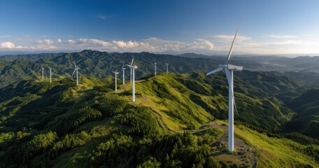 Wind turbines atop rolling hills under a clear sky.