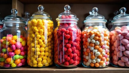 Colorful candy jars overflowing with sweets on shelves , candy store, confectionery, lollipops