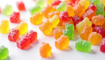 Colorful gummy bears scattered on a white background, close-up shot , delicious, white, food