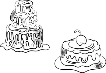 Hand Drawn Sketch of Delicious Cakes with Melted Icing