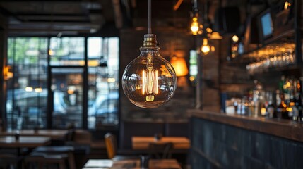 90.A close-up of an industrial-style light fixture with a hanging glass bulb, featuring visible filament and casting a soft glow, enhancing the rustic decor.