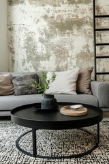 A modern living room featuring a plush gray sofa adorned with decorative pillows. a sleek black coffee table. and a rustic ladder against a textured wall. creating a cozy atmosphere