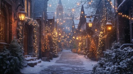 Obraz premium 96.An old European town alley, decorated for Christmas with glowing lanterns and twinkling lights, as snow covers the cobblestone path, and a distant church bell rings in the frosty air.