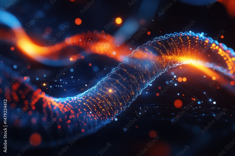 Aufkleber digital data processing along a spinning dna strand with glowing elements and vibrant colors, digita