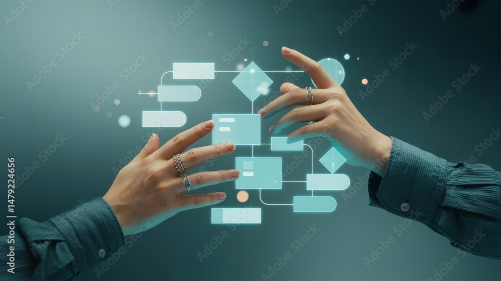 Poster a flowing digital process map interacted by hands.